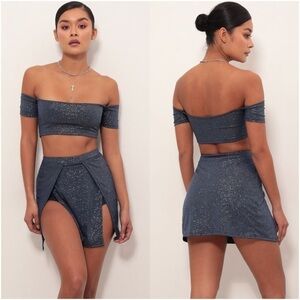 LUCY IN THE SKY Ali High Slit Shimmer Skirt In Blue Sapphire